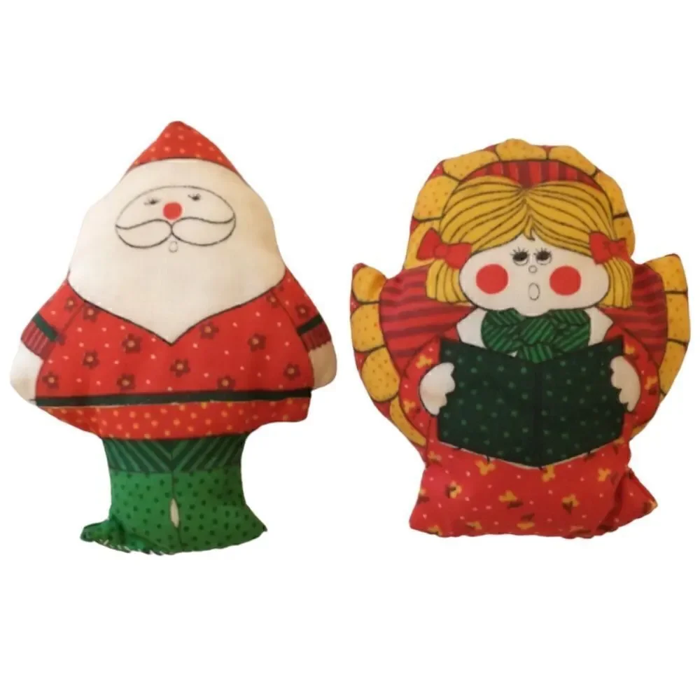 Vtg 80s Christmas Stuffed Ornament Lot‎ of 2 Fabric Handmade Angel Santa Claus.